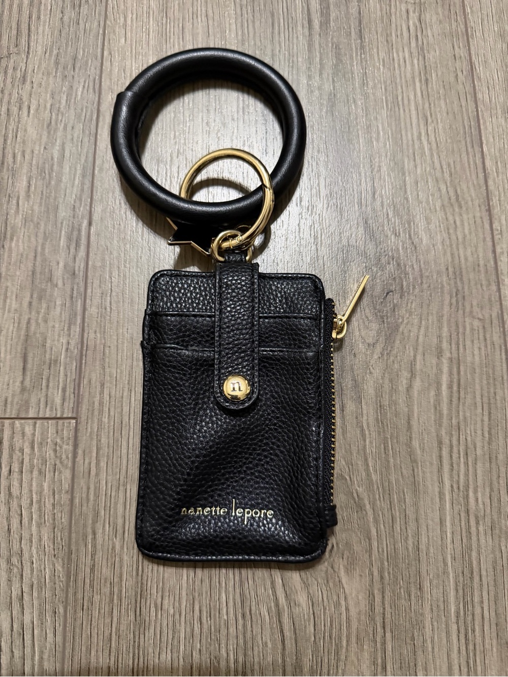 Nanette Lepore Black Leather Wristlet Card Case with Key Ring